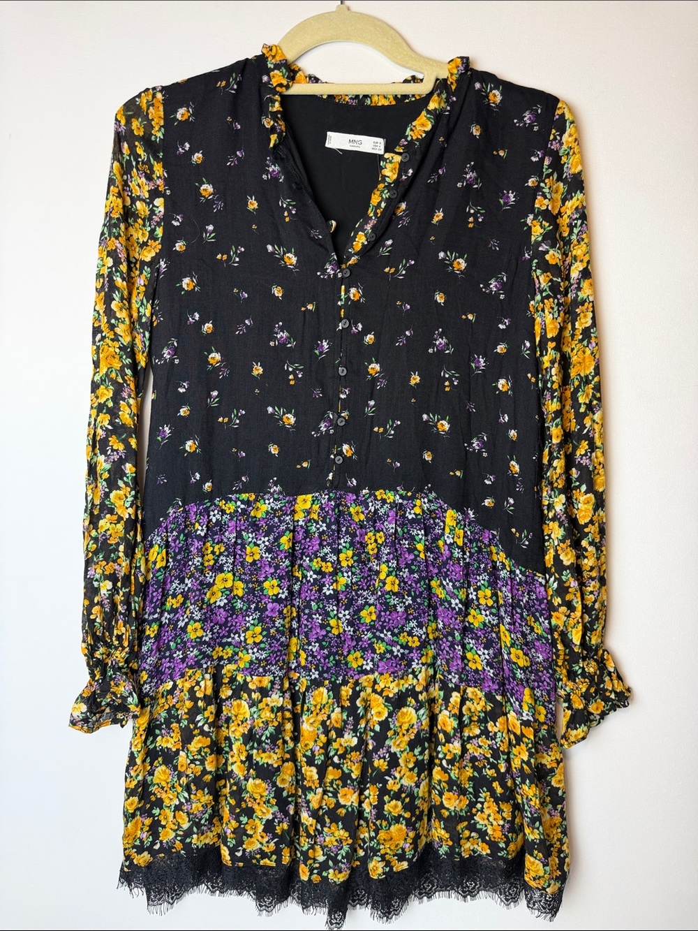 Black Mixed Ditsy Floral Mini Dress Fairy Cottage Boho Lace Trim Whimsigoth NWT